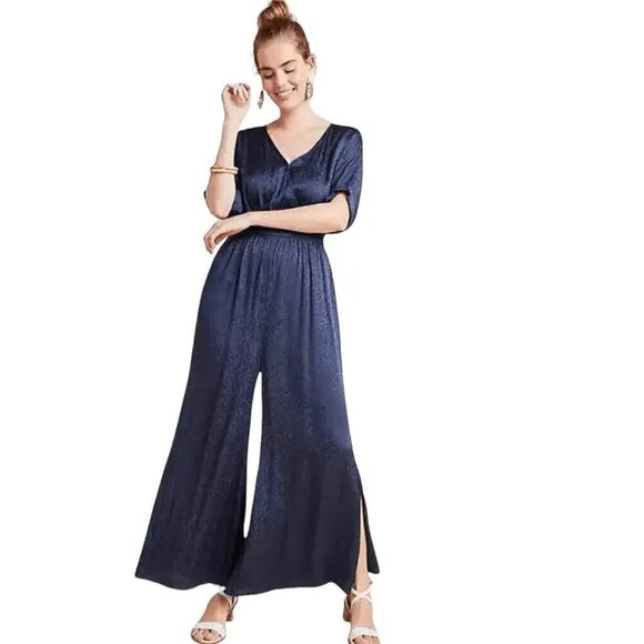 Maeve Pants - Anthropologie Maeve Wide Leg Jumpsuit Women Size S Blue Deep side Slits